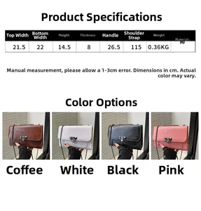 Detailed sizing chart and specifications for vintage crocodile pattern PU chain handbag