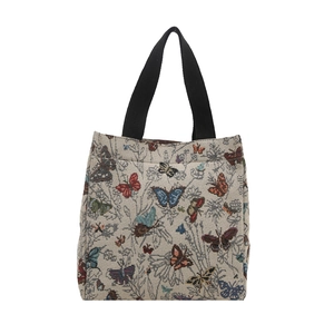 Retro shoulder bag with colorful butterfly print and black strap on white background