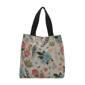 Floral tapestry tote bag with vintage flower patterns and durable black handles