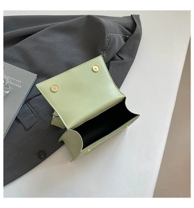Detail of mint green crossbody bag with double gold magnetic closures and black lining