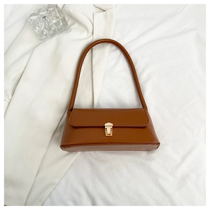 Detailed view of brown leather baguette bag with elegant gold rectangular buckle closure