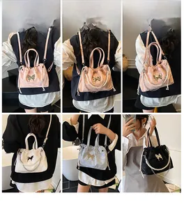 Collage of fashion backpack models showing pink, white, gray and black styling options