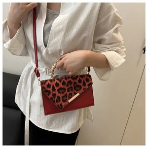 Close-up of leopard print flap and red leather shoulder bag with gold chain handle