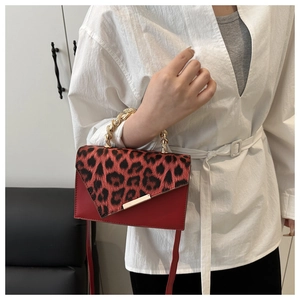 Detail of red crossbody bag featuring leopard print flap and gold twisted handle