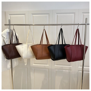 Detailed display of tote bags in five colors: dark brown, beige, tan, black, and burgundy