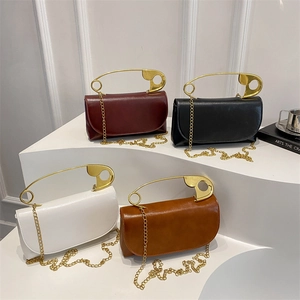 Borsa Tracolla Donna Pelle PU Grande Manico Spilla Da Balia Dorata Catena Metallica Piccola Borsa A Spalla Chic