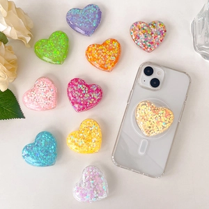 Heart Shaped Phone Griptok Transparent Acrylic Expanding Stand Sparkly Sequins Heart Foldable Adhesive Mobile Support