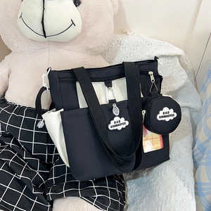 Μεγάλη Τσάντα Tote από Καμβά Preppy Στυλ Για Γυναίκες Μαθητές Αντίθεση Χρωμάτων Τσάντα Ώμου Με Πορτοφόλι Σύννεφο