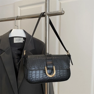 Minimalist black faux crocodile pattern underarm bag with gold metal U-shaped buckle