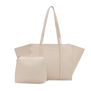 Minimalist beige tote bag set with a matching small pouch and FASHION lettering