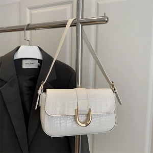 Minimalist white crocodile embossed faux leather shoulder bag with gold metal U-clasp