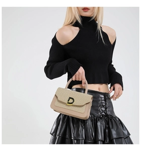 Dettaglio borsa beige con fibbia a lettera, trama intrecciata e pelle di qualità