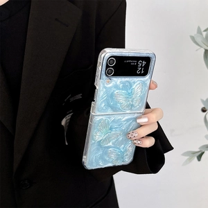 Detailed view of light blue wave texture case with butterfly relief for Samsung Z Flip