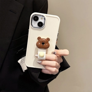 iPhone silicone case with 3D bear stand and adjustable ring holder strap in cream white