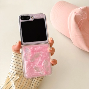 Detailed view of pink marble phone case for Samsung Z Flip with 3D transparent butterflies
