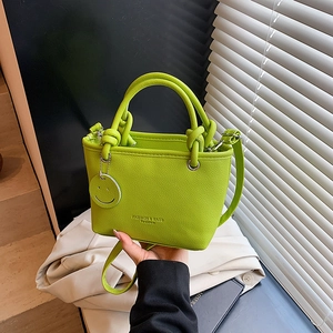 Fruit green lychee pattern PU leather handbag with smiley charm and adjustable strap