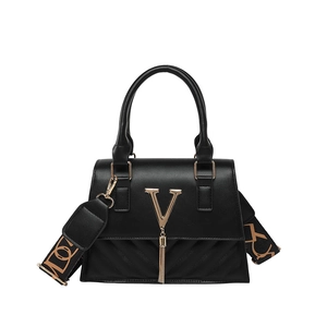 Elegant black crossbody bag with golden V-logo tassel and stylish jacquard strap