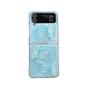Blue glitter folding case with 3D pearlescent butterflies for Samsung Galaxy Z Flip