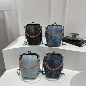 Vertical denim tote bag with chain strap and vintage clasp closure in various shades