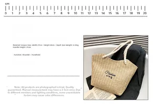 Detailed size chart showing 27x28x8cm dimensions for the woven tote bag with handle