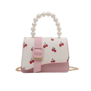 Pink and white mini handbag for girls with red cherry print and pearl handle chain