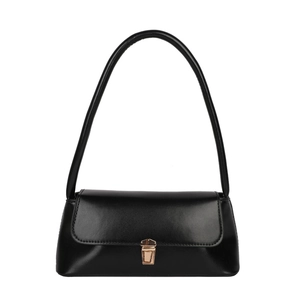 Minimalist black matte leather underarm bag with elegant gold buckle and shoulder strap