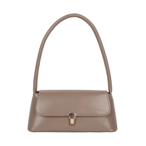 Classic coffee brown faux leather baguette bag with a sleek gold metal buckle closure