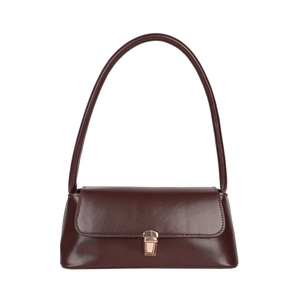 Vintage dark brown leather shoulder bag with sleek rectangular design and metal buckle