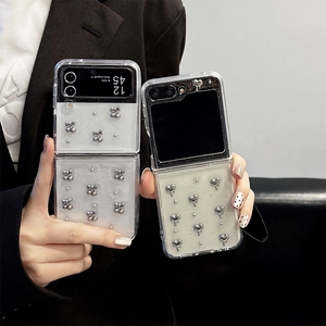Clear glitter case for Samsung Z Flip 6 with silver cherry and heart metal charms