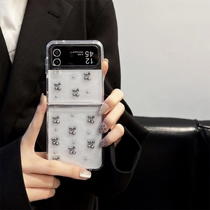 Clear glitter case for Samsung Z Flip6 with silver 3D cherry accents and vintage style