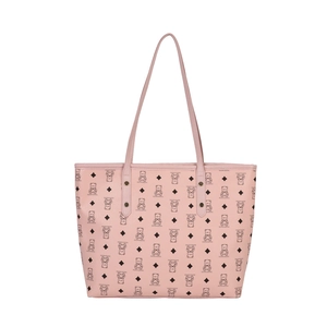 Pink tote bag with cute bear and diamond prints, durable PU leather for daily commuting