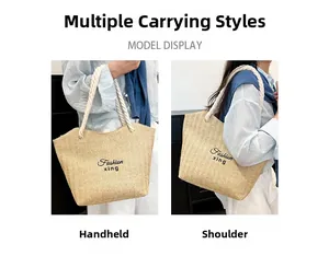 Dual view of straw tote bag with cotton rope handles for handbag or shoulder bag styles