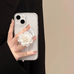 Gros plan d'un support de téléphone fleur 3D sur coque transparente tenue