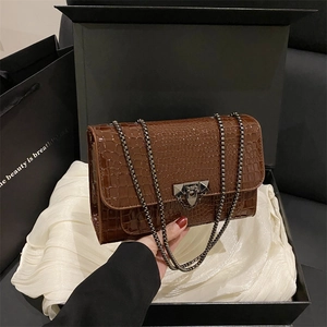 Brown crocodile embossed square crossbody bag with metal chain in an elegant gift box