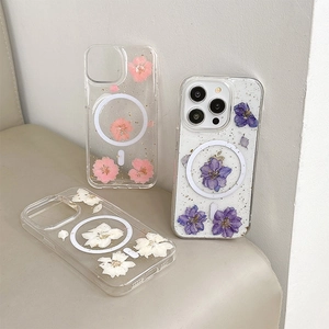 Magnetic floral iPhone case with real dried flowers, gold foil, and MagSafe compatibility