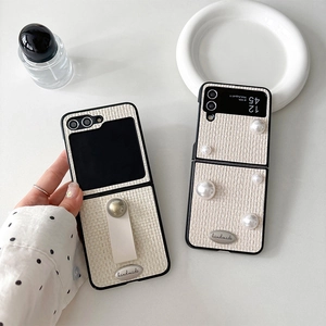 Elegant tweed texture phone case for Samsung Galaxy Z Flip with pearls and hand strap
