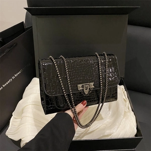 Retro black crocodile embossed chain crossbody bag with metallic rivet lock details