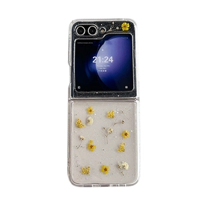 Coque transparente pour Samsung Z Flip 6 avec de vraies fleurs séchées et paillettes dorées