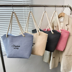 Women Fashion Canvas Tote Bag Large Capacity Letter Print Rope Handle Casual Shoulder Handbag