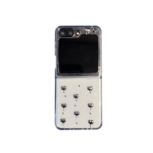 Glitter clear phone case for Samsung Z Flip 6 featuring 3D silver hearts design
