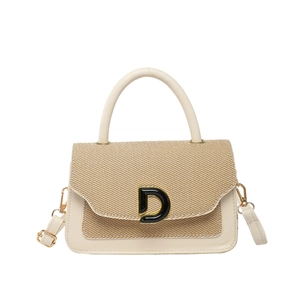 Retro cream leather and woven patchwork handbag with gold D-buckle and top handle