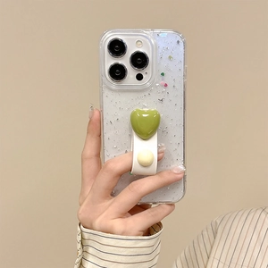 Transparente iPhone Hülle mit Silberglitzer und grünem Herz-Handgriff Halterung