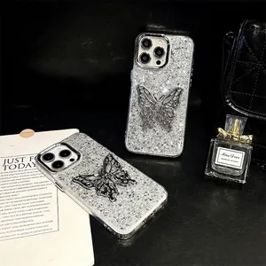 Silver glitter iPhone case with hollow metal butterfly design and luxury finish