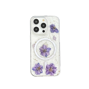 Transparent MagSafe case for iPhone with purple dried flowers and gold foil accents