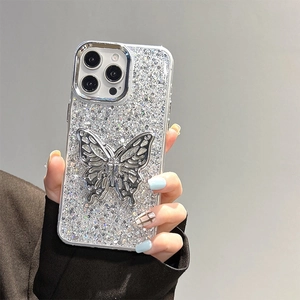 Silver glitter iPhone case with 3D metallic butterfly stand and electroplated frame