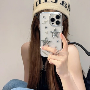 Coque De Téléphone Étoile Coeur Strass Transparente Avec Décoration 3D Argentée Paillettes Argent Style Millénaire Y2K
