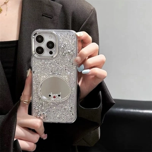 Glinsterende zilveren iPhone hoesje met beertjesspiegel en schattige 3D ballonhondjes