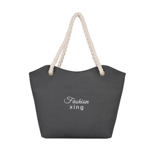 Deep grey canvas straw tote bag with white rope handles and Fashion xing embroidery