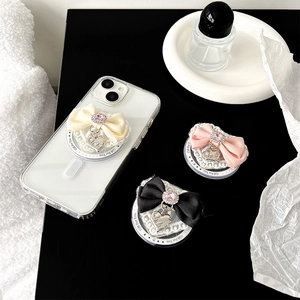 Elegant lace bow phone socket with rhinestone heart charm for MagSafe cases