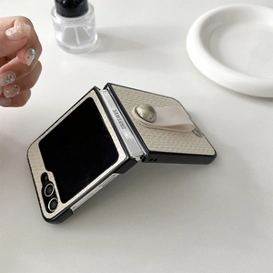 Beige woven texture case for Samsung Z Flip with metallic ring strap and silver detail